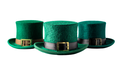 Three Different St. Patrick's Day Caps with Festive Green Designs and Varied Styles, Isolated on Transparent Background