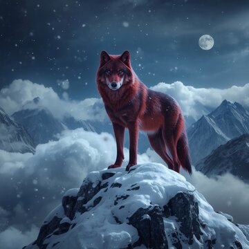 A red wolf perched on a mountaintop during the winter months at night.