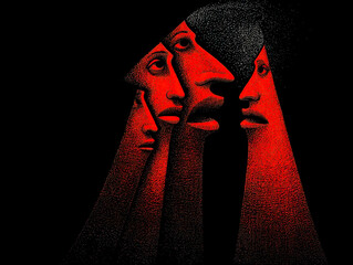 Abstract art of red elongated faces with stipple texture