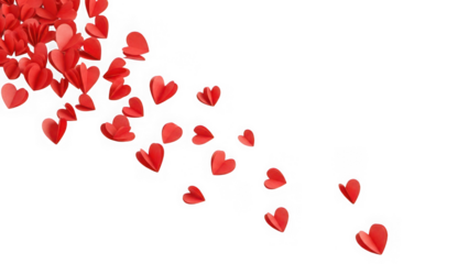 Red paper hearts flowing downward isolated on transparent background