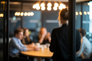 Blurred artistic shot of a professional female executive leading a corporate team meeting in a modern glass boardroom with warm decorative lighting and creative office atmosphere