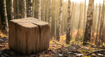 Obraz premium Wood Block in Forest Clearing on Sunny Morning with Sun Rays Shining Through Trees