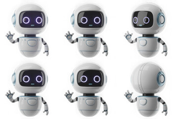 Fototapeta premium 3d cute ai robot character in different angles. Chat bot mascot isolated render icon set. Digital artificial intelligence chatbot, friendly support assistant. Electric cyborg agent