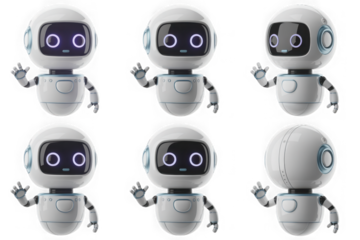 3d cute ai robot character in different angles. Chat bot mascot isolated render icon set. Digital artificial intelligence chatbot, friendly support assistant. Electric cyborg agent