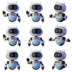 3d cute ai robot character in different angles. Chat bot mascot isolated render icon set. Digital artificial intelligence chatbot, friendly support assistant. Electric cyborg agent