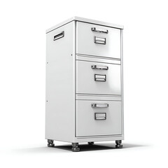 3D illustration of a secure metal office filing cabinet with open drawers for organized document storage and data archive isolated on white