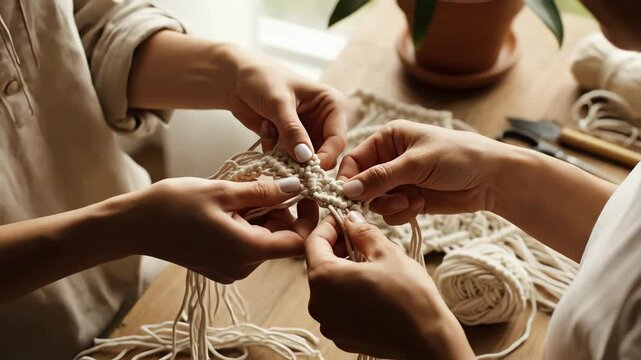 Close up of two women's hands weaving a macrame wall hanging together in a creative workshop