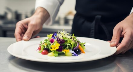 Chef Carefully Places a Plate of Exquisite Salad Garnished with Edible Flowers