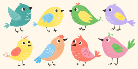 Fototapeta premium Cute colorful birds set. Flat vector illustration. Collection in cartoon style. Isolated on light background.
