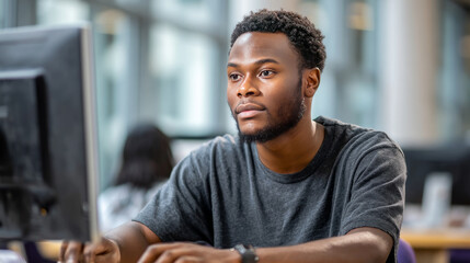 An African student participating in an online class, sitting in front of a computer screen, bright classroom lighting. Black African children from disadvantaged families study in school, read books