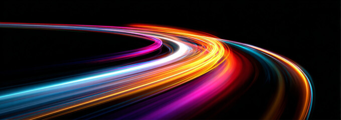 Neon speed lines twist and flow along a glowing night city road. Light trails and spirals emphasize fast motion and digital acceleration. Futuristic technological illustration in vector. © Strongstock03