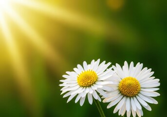 Two white daisies with yellow centers in a green field with sunshine