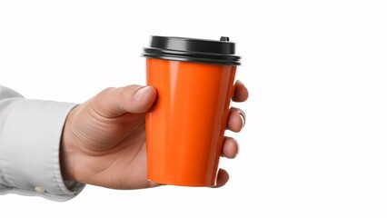 A hand holding an orange travel mug with a black lid