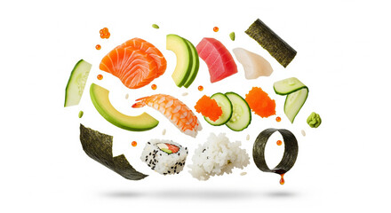 A creative "flying" composition of various sushi ingredients including salmon, tuna, shrimp, avocado, cucumber, rice, and nori pieces isolated on a white background