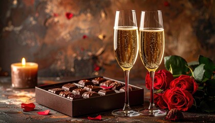Romantic Celebration with Champagne Chocolates Roses and Candle.