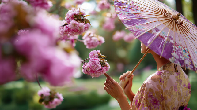 Faceless woman in ornate traditional kimono holding decorative Japanese umbrella near blooming sakura cherry blossom tree, spring hanami tradition, defocused pink blossoms, with co