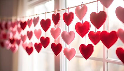 Romantic Valentines Day heart decorations strung across a sunlit window.