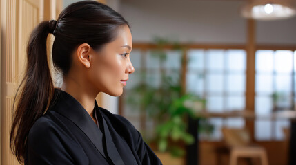 Fototapeta premium Faceless woman in black formal kimono standing in traditional Japanese room with fusuma sliding doors, tatami floor visible, defocused minimalist inter