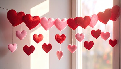 Romantic heart shaped garland decoration in red and pink colors by the window.