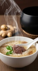 Comforting Steamed Cambodian Babor Beef and Ginger Rice Porridge with Ample Copy Space in Soft Morning Light