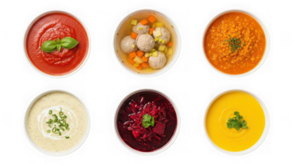 Six different kinds of soup served in white bowls, top view isolated on transparent background
