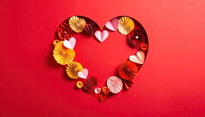 Heart shape crafted from colorful folded paper decorations on red background.