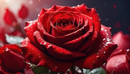 Close up of a vibrant red rose bloom covered in fresh water droplets.