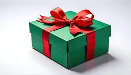 Obraz premium A festive green gift box adorned with a vibrant red ribbon and bow, presented on a clean white background.