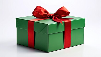 Green gift box with red ribbon and bow for surprise present.