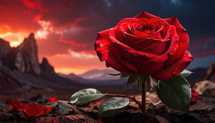 Dramatic Red Rose Blooms Against Fiery Sunset Sky Landscape.