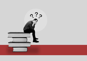 Collage art with a man sitting on the books	