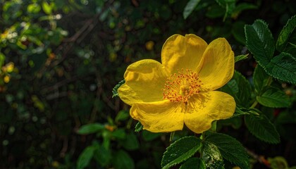 Vibrant Yellow Wild Rose Flower Macro Detail with Blurred Green Background.