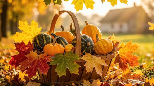 Autumn harvest basket filled with pumpkins and gourds surrounded by colorful fall leaves