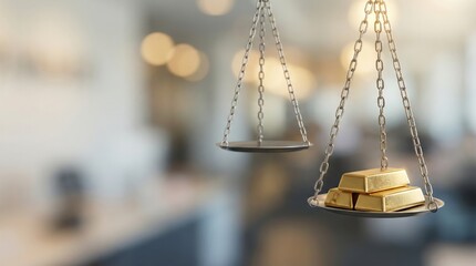 Balance scale with gold bars on one side, for asset allocation and value.