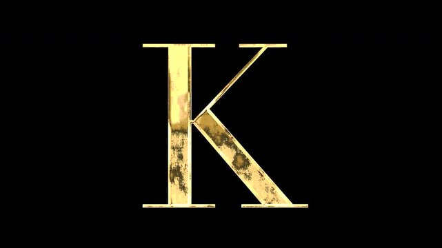 Gold uppercase alphabet &ldquo;K&rdquo;, Serif, light reflecting and patterns shifting, alpha channel