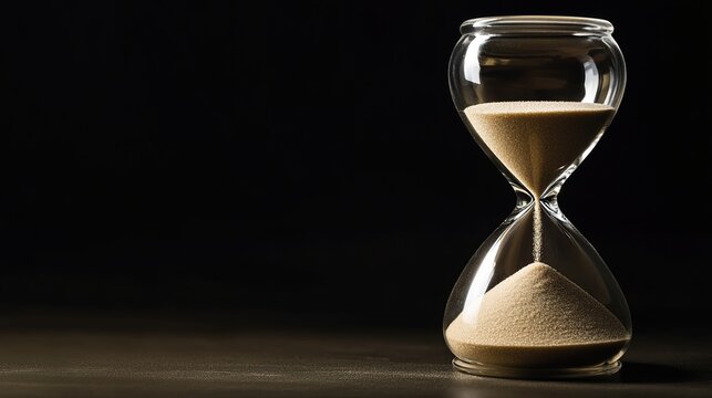 imperceptible. Hourglass with fine sand flowing slowly, time-lapse effect, minimalist still life. wellbeing guides, coaching materials, designed for mental health education and mindfulness programs.