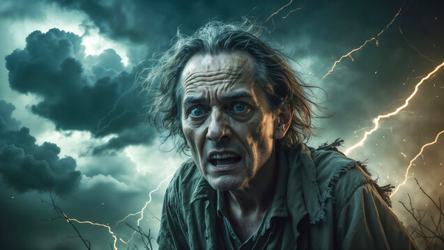 Disheveled man screams in terror, eyes wide, amidst a dramatic lightning storm