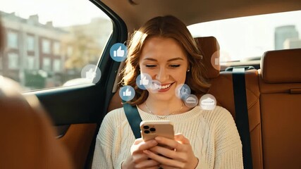Smiling woman in car receives social media notifications on her smartphone - Powered by Adobe
