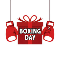 Red Boxing Gloves Hanging with Gift Box on White Background
