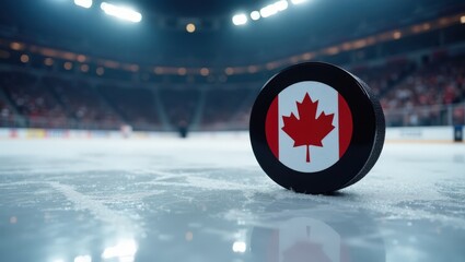 Сanadian hockey puck with maple leaf on ice rink