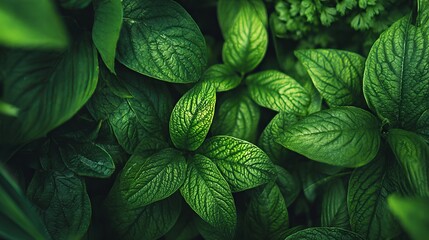 Close-up of vibrant green leaves with intricate veins in lush foliage