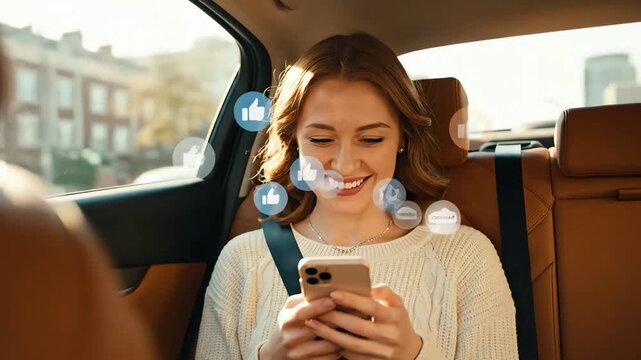 Smiling woman in car receives social media notifications on her smartphone