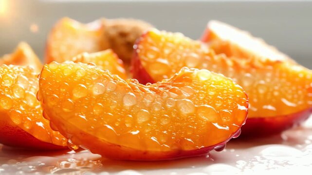 Close up shot of fresh juicy nectarine slices glistening with water droplets in bright natural light