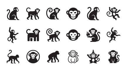 Obraz premium Set of eighteen black monkey icons in a simple flat graphic style, depicting playful primates in various poses like sitting, jumping, and holding an apple