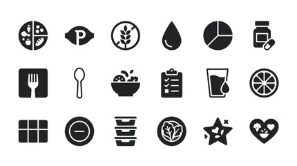 Set of black solid glyph icons representing nutrition, healthy eating, and diet planning, including symbols for meal prep, gluten free, hydration, and supplements