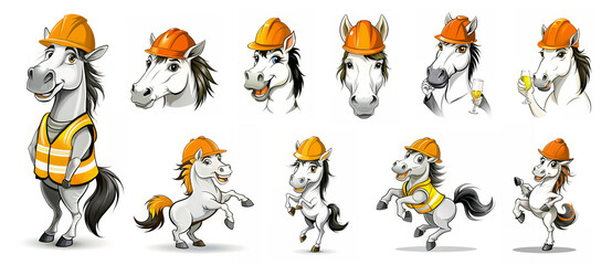 Set of cheerful horse characters in protective helmets and vests for playful designs in construction and other hard work industries, isolated on white