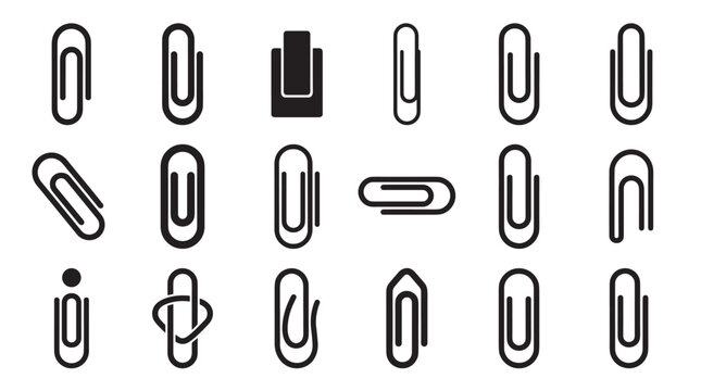Collection of eighteen black paper clip icons in various styles and designs, showcasing a set of minimalist office supply symbols for graphic design and document attachment concepts