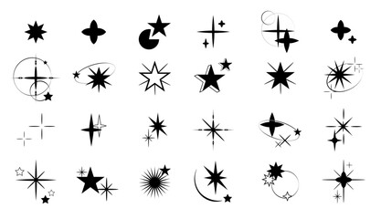 Set of stars sparks and sparkles Y2K. Vector collection glint glitter, shining twinkle sunburst illustration. Shapes of stars and rays for decorative symbols for template design element.