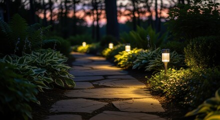 Dusk scene of solarpowered lights installed along a winding garden path promoting sustainable landscaping.