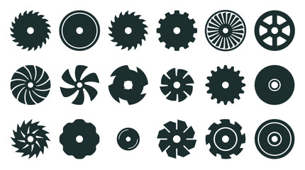 Large collection of black circular icons featuring various mechanical parts like saw blades, gears, cogs, fans, and wheels in a flat graphic silhouette style for industrial design